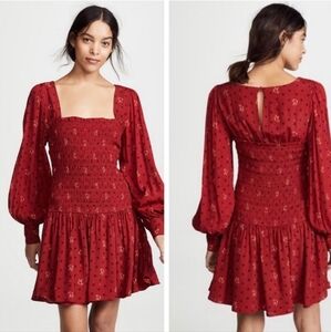Free People Two Faces Dress Small Red Smocked Mini Floral Long Sleeve Boho Flirt